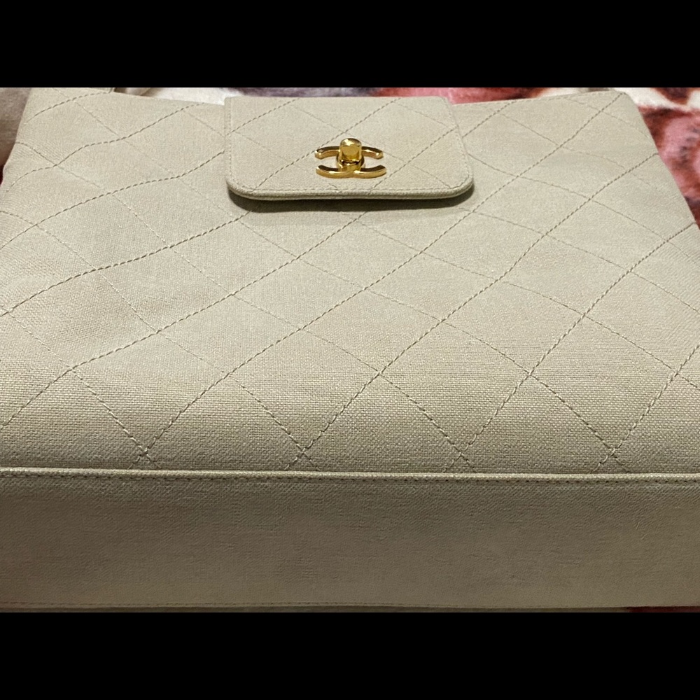 CHANEL Kelly Cc Medium Quilted Flap Turnlo Beige - Gold Canvas Shoulder … - Picture 8 of 14
